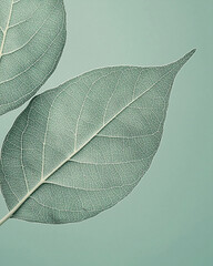 Obraz premium Close-Up Of Sage Green Leaves With Intricate Veins On Soft Gradient Background, Texture, Nature, Minimal