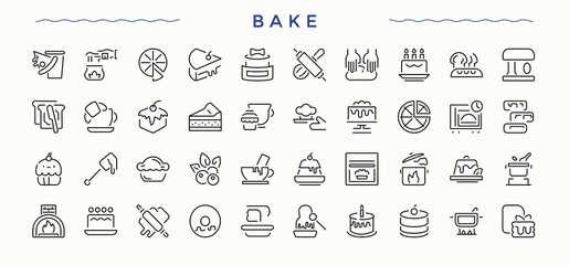 Bake icon set. Perfect for logos and infographic. Bake icon. Contains outline symbols like bakery, pastry, kitchen, cafe, sweet, bakery, food and more.