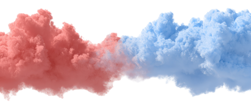 Two opposing clouds of colored powder colliding isolated on transparent background - Powered by Adobe
