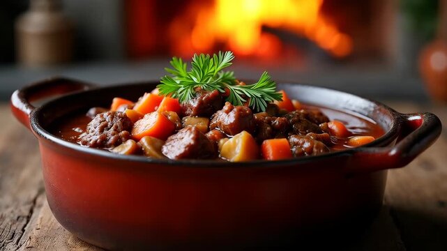 Rustic homemade beef stew dinner, warm and comforting meal served in hearty bowl by cozy fireplace