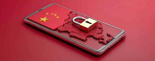 A smartphone displays a padlock over a red map of China, symbolizing digital security and privacy.