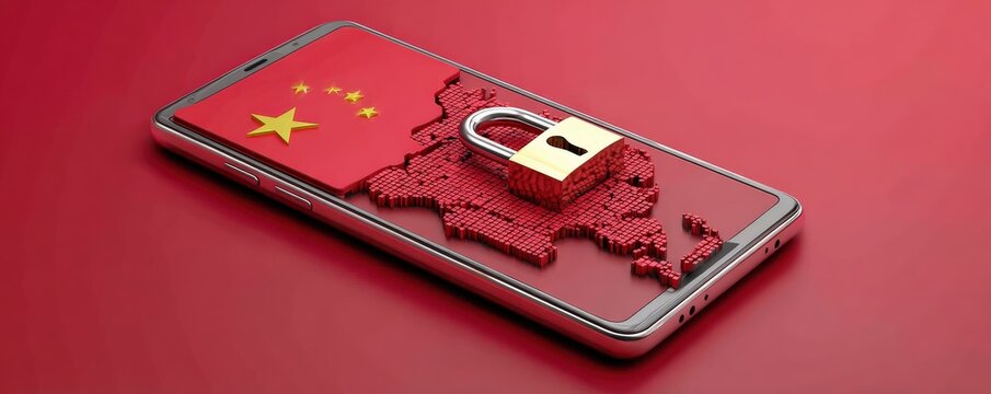 A smartphone displays a padlock over a red map of China, symbolizing digital security and privacy.