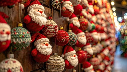 Close up of festive Christmas ornaments featuring Santa Claus and red baubles hanging on a wooden wall with bokeh lights in the background