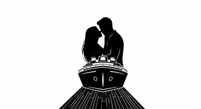 Romantic couple silhouetted against a cruise ship, symbolizing a shared journey of love and adventure.
