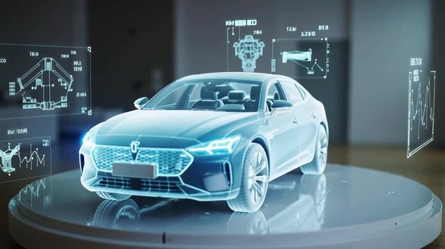 Explore advanced car technology with a 3D holographic display showing detailed design features - Powered by Adobe