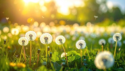 Close up of fluffy white dandelion seed heads in a sunlit green meadow with soft bokeh background during golden hour sunlight.