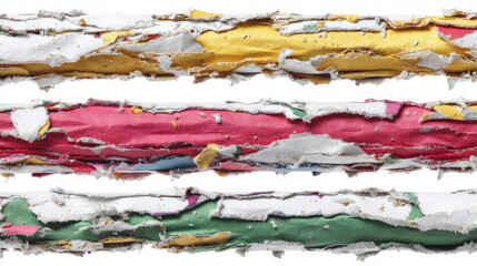 Torn newspaper columns arranged on a white background. shredded newspaper columns create an interesting abstract pattern with shadows and textures.