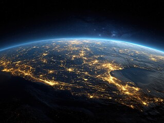 Stunning view of planet Earth at night from space, showcasing illuminated city lights and vast glowing urban networks across continents under a starry sky.