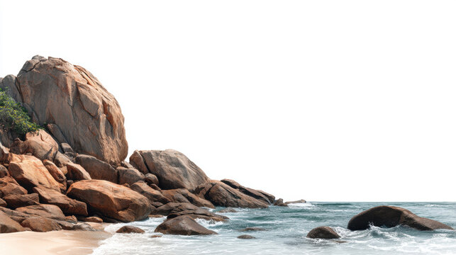 Rocks by the Sea, A minimalist panoramic landscape of a few large, smooth rocks on the beach, with calm waves washing over them. Ample copy space.