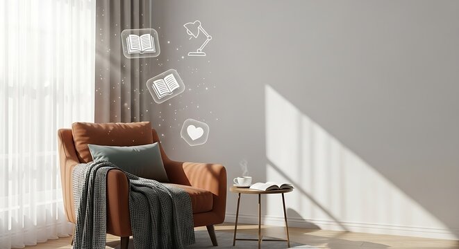Peaceful home interior with a comfortable armchair in the sunlight, with glowing icons of books and a heart representing a love for reading