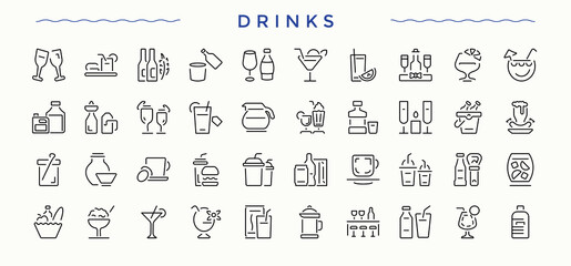 Drinks icon pack. Collection of simple line web icons. Contain linear symbols beverage, cocktail, soft drink, soda, beer, tea. Art and illustration. Drinks icon set in linear style.