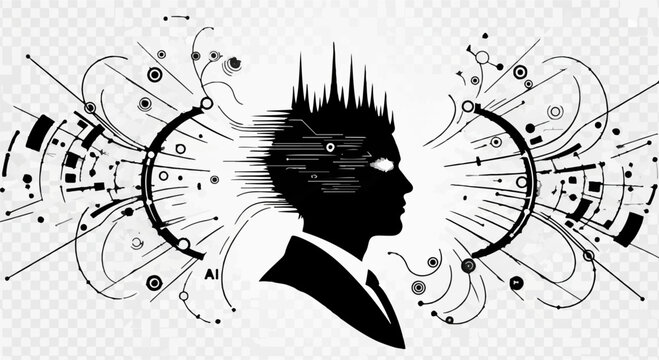 Futuristic silhouette of a man's head with abstract digital connections and data streams radiating outwards