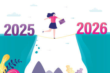 Female employee or businesswoman walking at rope from cliff to other side. concept of change from 2025 to 2026. moving forward, goals, hopes, overcoming obstacles