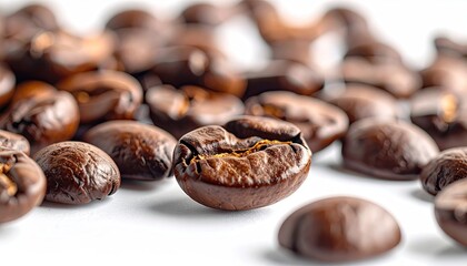 Close Up Of Rich Dark Roasted Coffee Beans Scattered On White Surface With Selective Focus And Shallow Depth Of Field