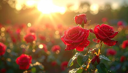 Close Up Of Red Roses Covered In Water Droplets With Sun Rays And Bokeh Effect In The Background During Sunset