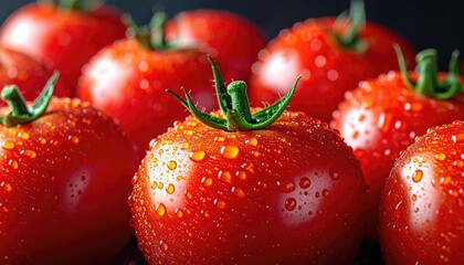 Close up of ripe red tomatoes covered in water droplets on a dark background