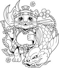 cartoon cute samurai cat, outline illustration