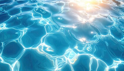 Close Up Of Rippling Blue Water Surface With Sunlight Reflections Creating Bright Light Patterns And Sparkling Details