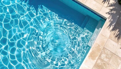 Close Up Of Rippling Blue Swimming Pool Water With Sunlight Reflections And Palm Tree Shadows In Bright Sunlight
