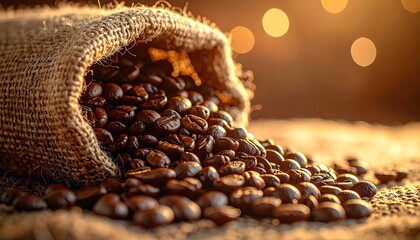 Close up of roasted coffee beans spilling out of a burlap sack with warm golden light and bokeh background