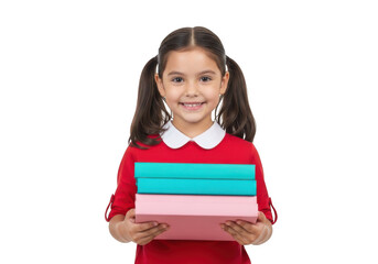 Smiling young girl holding a stack of books isolated on transparent background