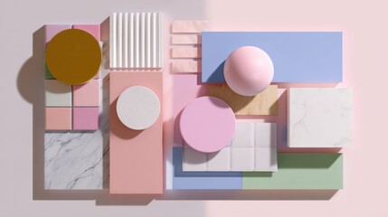 Abstract composition of geometric shapes in soft pastel colors and textures