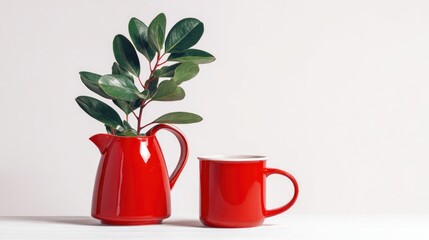 Red pitcher and mug with green plant on a white background