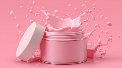 Cosmetic cream jar with splash in vibrant pink against matching backdrop