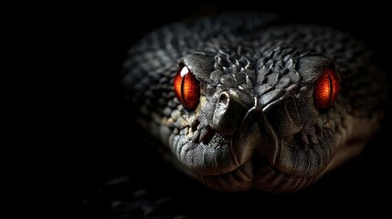 Close up of a snakes head with bright red eyes and textured scales