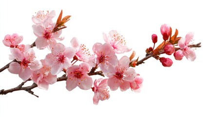 Delicate pink cherry blossoms branch isolated on white background