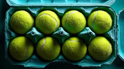 Bright tennis balls arranged in a blue egg carton in dramatic lighting, perfect for sports blog visuals, web banner