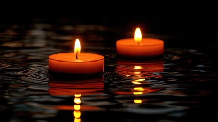 Burning candles floating on water with warm glow and dark background