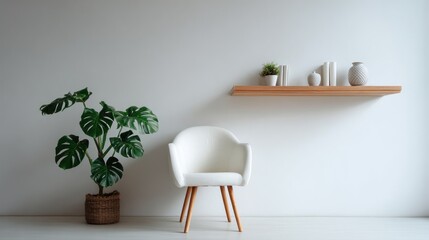 Minimalist interior design with chair shelf and potted plant against white wall