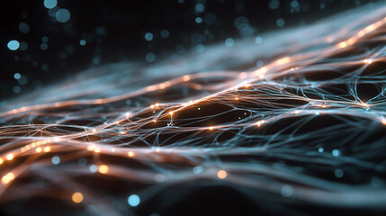 Abstract Network: An intricate network of interconnected lines and nodes glows, creating a dynamic visual representation of complex systems and digital connections.
