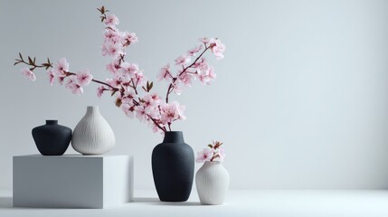Elegant floral arrangement with vases and blossoms against a bright backdrop