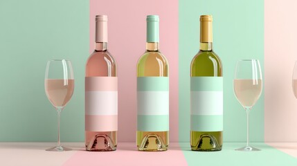 Three wine bottles with glasses on a pastel background