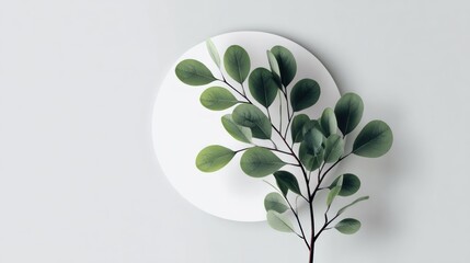 Minimalist composition of green eucalyptus leaves against a white backdrop