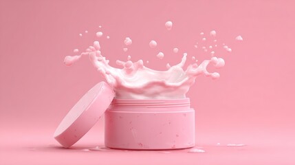 Cosmetic cream jar with splash on pink background studio shot