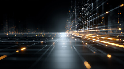 Digital Highway: An abstract digital landscape with streaks of light, representing the fast-paced, interconnected world of technology and data flow.