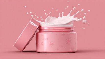 Cosmetic cream jar with splash on pink background advertising beauty product