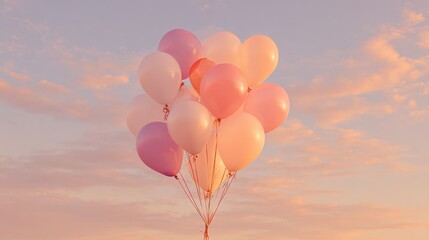 Pastel balloons floating against a pink and blue sky backdrop