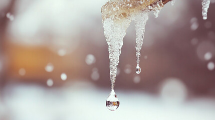 translucent icicle slowly melting, with water droplets forming and falling in real time. The scene captures the delicate passage of warmth and the ephemeral nature of winter, emphasizing clarity, ligh