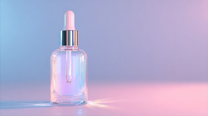 Cosmetic serum bottle illuminated with blue and pink light on a gradient background