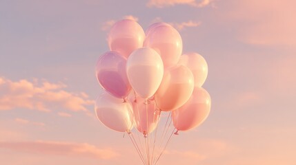 Pastel balloons floating against a dreamy sky with clouds at sunset