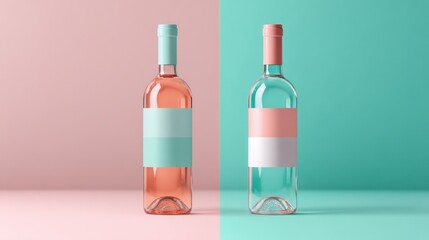 Elegant wine bottles with blank labels against pastel colored backgrounds