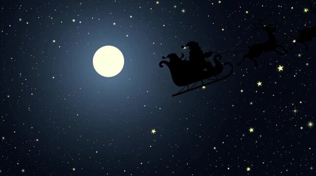 cinematic flying santa sleight and raindeer in the christmas night