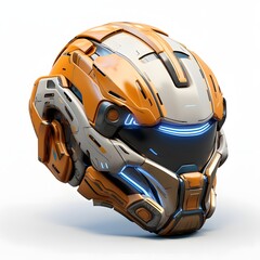 Fototapeta premium Futuristic orange and silver sci-fi helmet with blue glowing visor on clean background — perfect for game design, tech posters