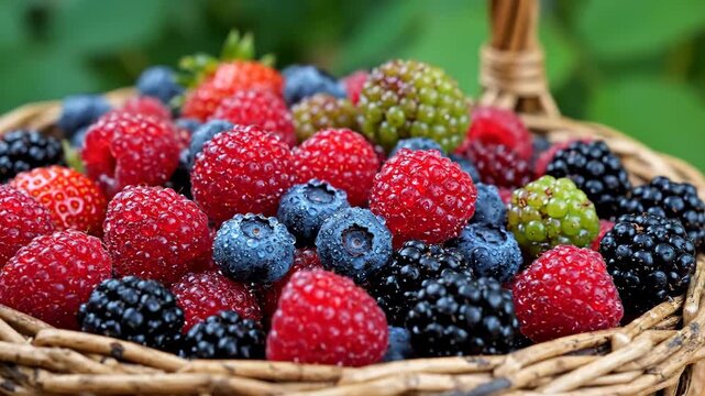A wicker basket brimming with vibrant ripe berries