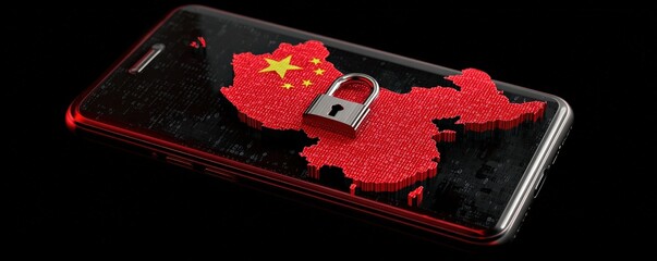 A smartphone displays a locked map of China, symbolizing cybersecurity and digital privacy concerns in a high-tech environment.