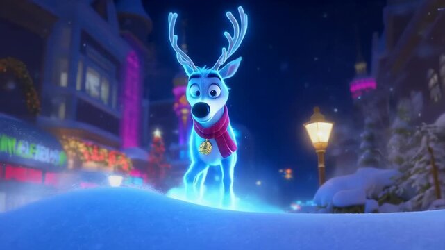 Joyful magical glowing reindeer spirit on snowy town street at night. Whimsical Christmas winter holiday celebration
